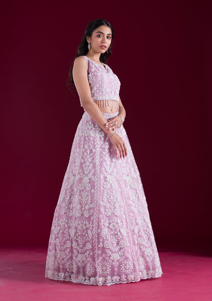 Baby Pink Threadwork Net Readymade Lehenga