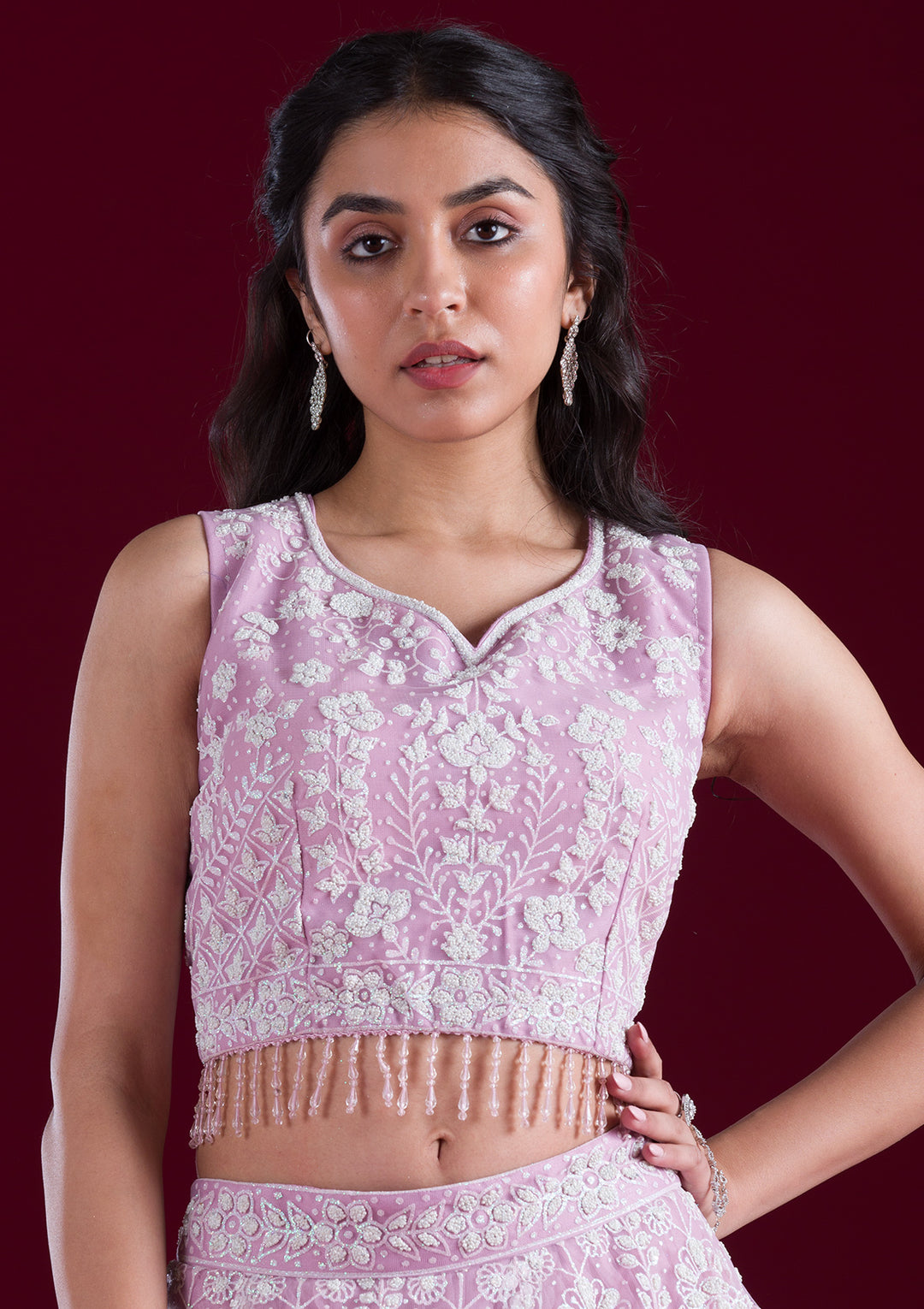 Baby Pink Threadwork Net Readymade Lehenga