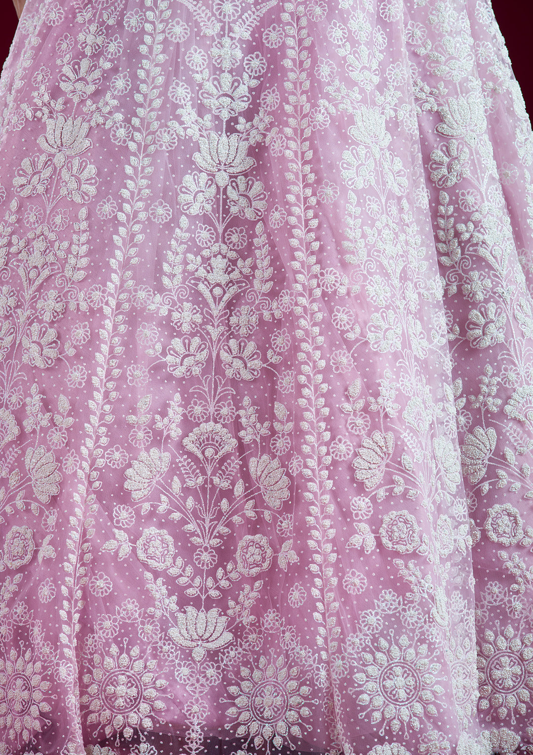 Baby Pink Threadwork Net Readymade Lehenga