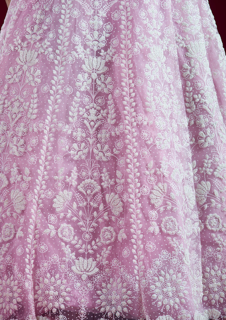 Baby Pink Threadwork Net Readymade Lehenga