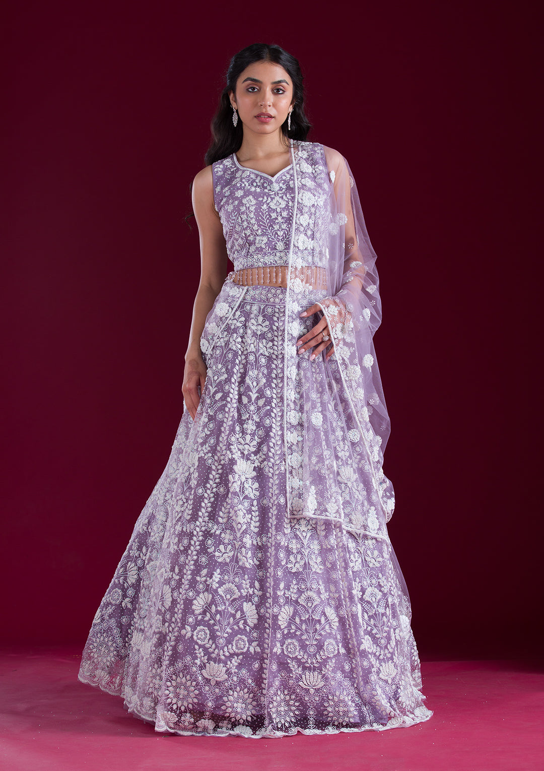 Lavender Threadwork Net Readymade Lehenga