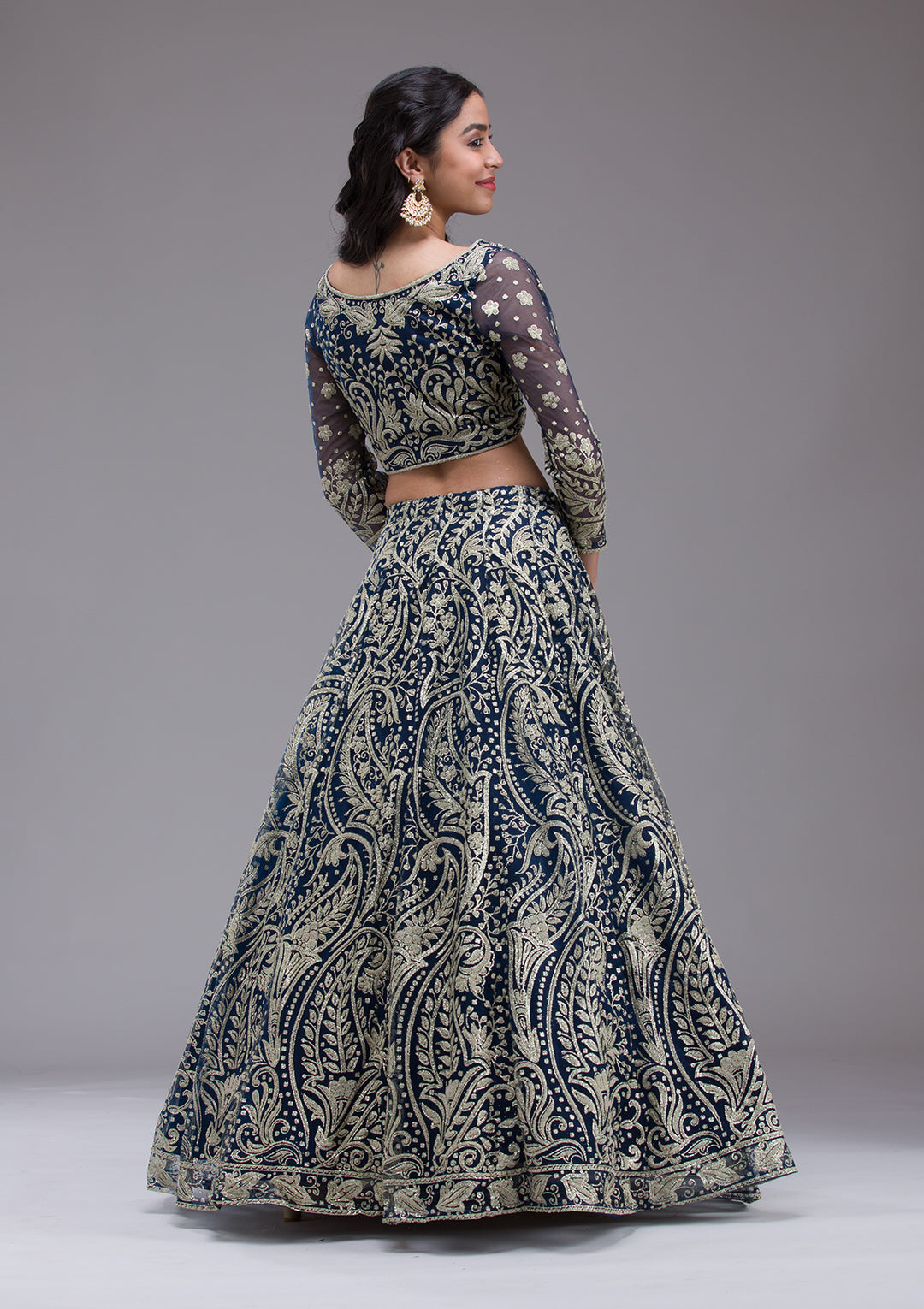 Peacock Blue Threadwork Net Readymade Lehenga