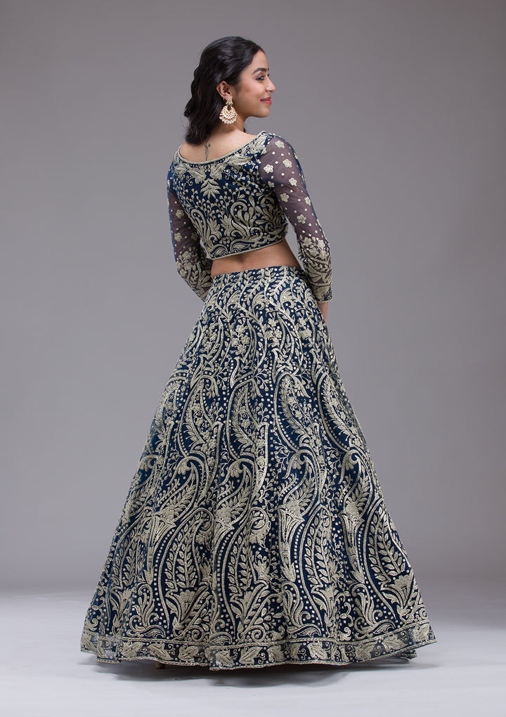Peacock Blue Threadwork Net Readymade Lehenga