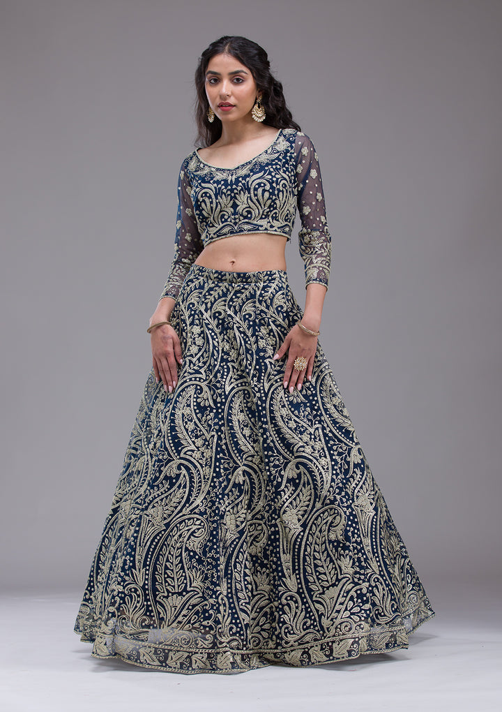 Peacock Blue Threadwork Net Readymade Lehenga