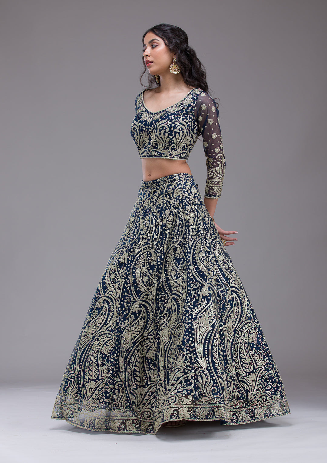 Peacock Blue Threadwork Net Readymade Lehenga