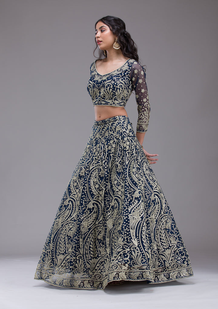 Peacock Blue Threadwork Net Readymade Lehenga