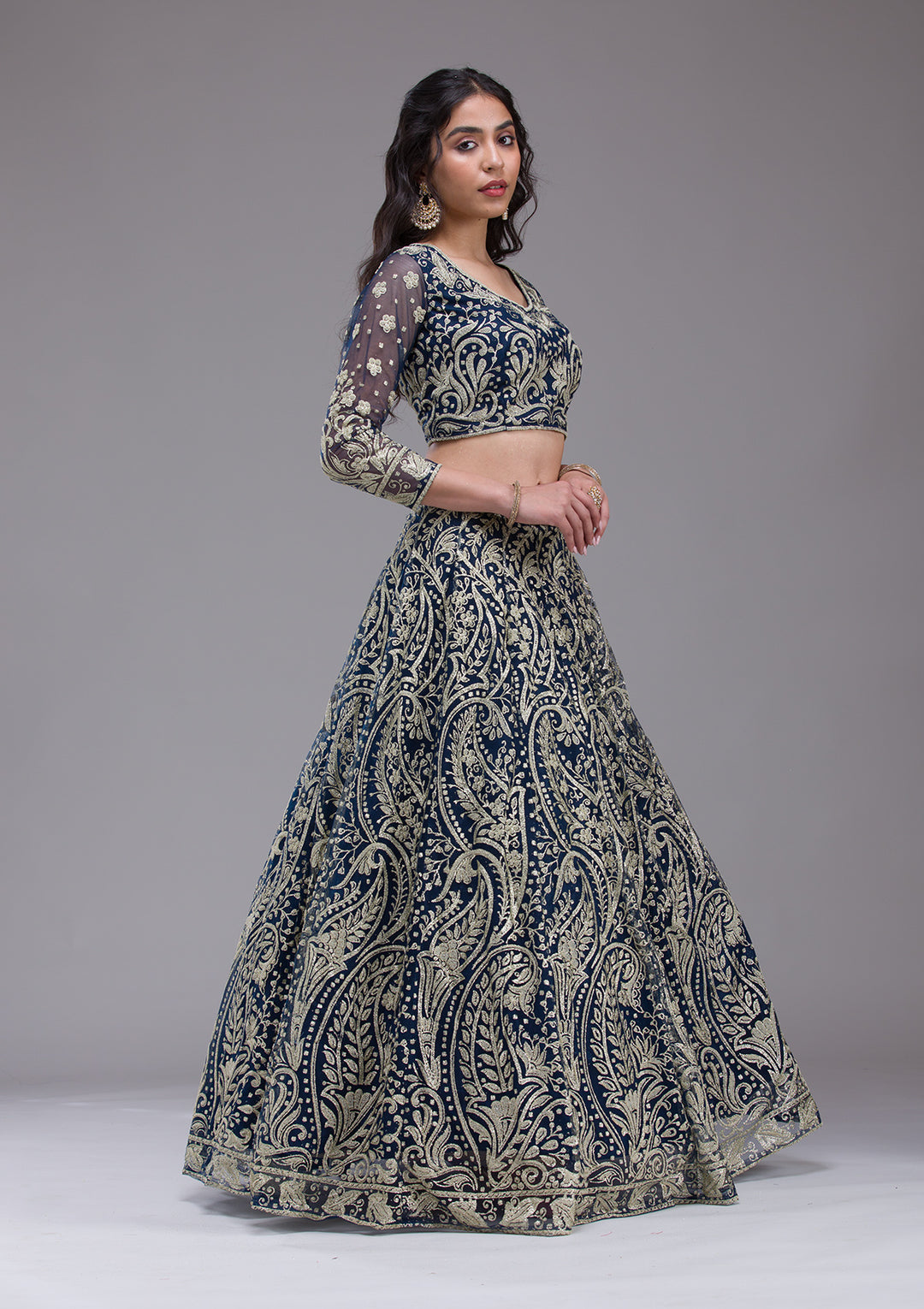 Peacock Blue Threadwork Net Readymade Lehenga