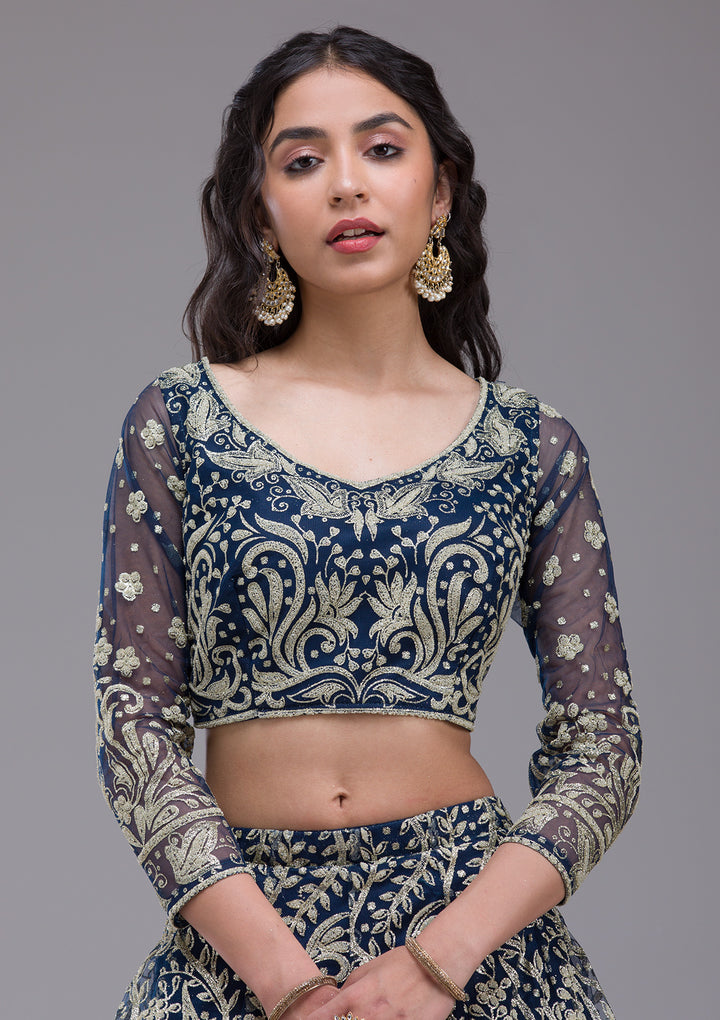 Peacock Blue Threadwork Net Readymade Lehenga