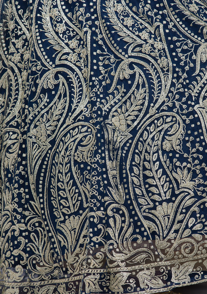Peacock Blue Threadwork Net Readymade Lehenga