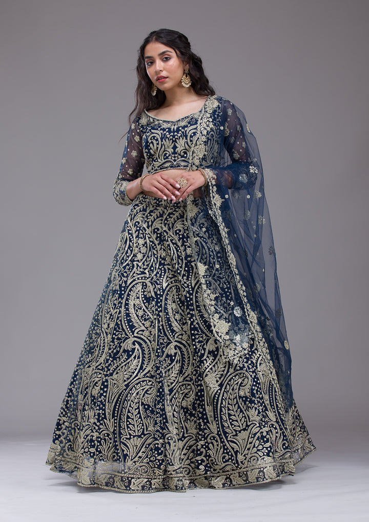 Peacock Blue Threadwork Net Readymade Lehenga