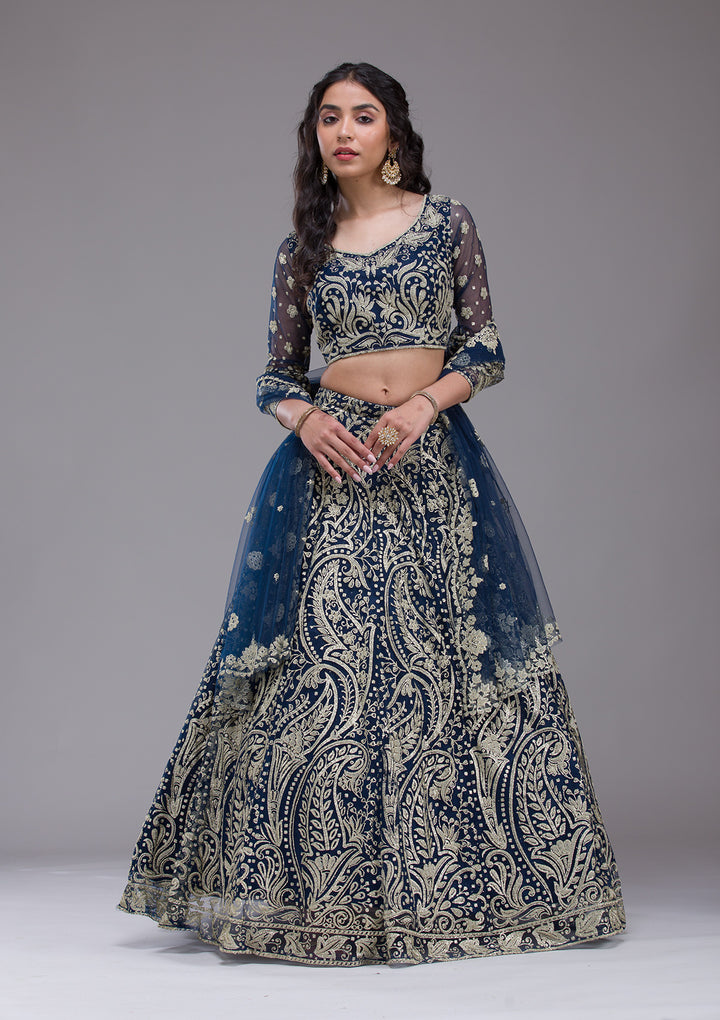 Peacock Blue Threadwork Net Readymade Lehenga