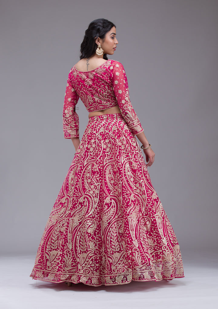 Rani Pink Threadwork Net Readymade Lehenga