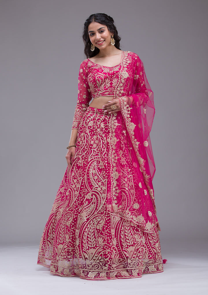 Rani Pink Threadwork Net Readymade Lehenga