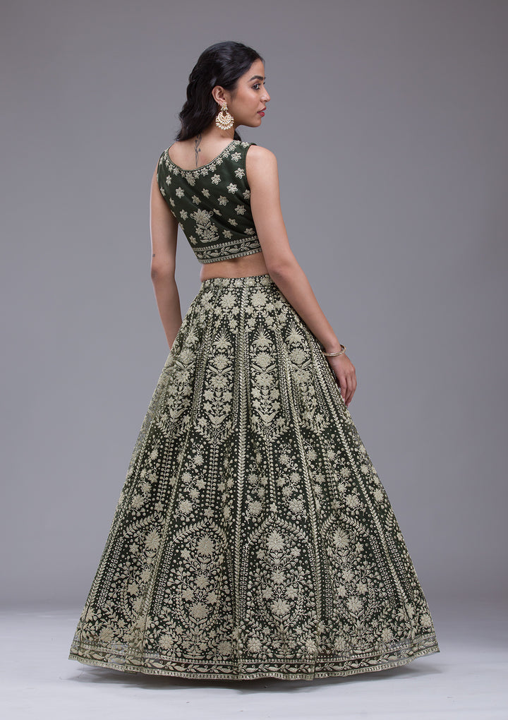 Mehendi Threadwork Net Readymade Lehenga
