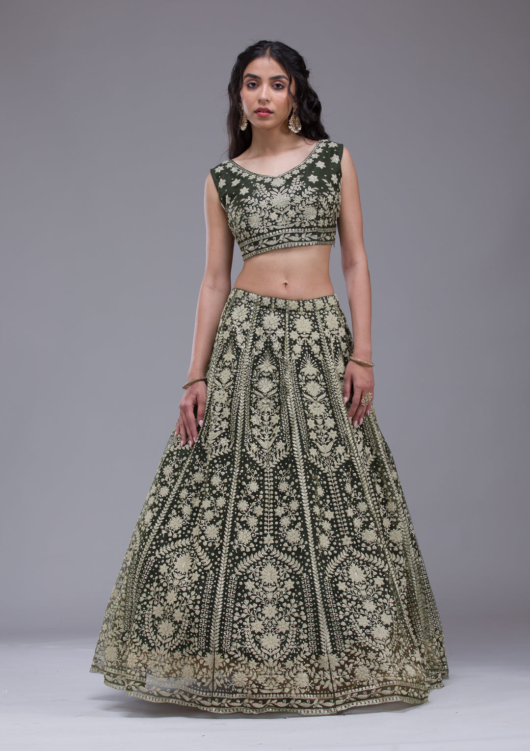 Mehendi Threadwork Net Readymade Lehenga