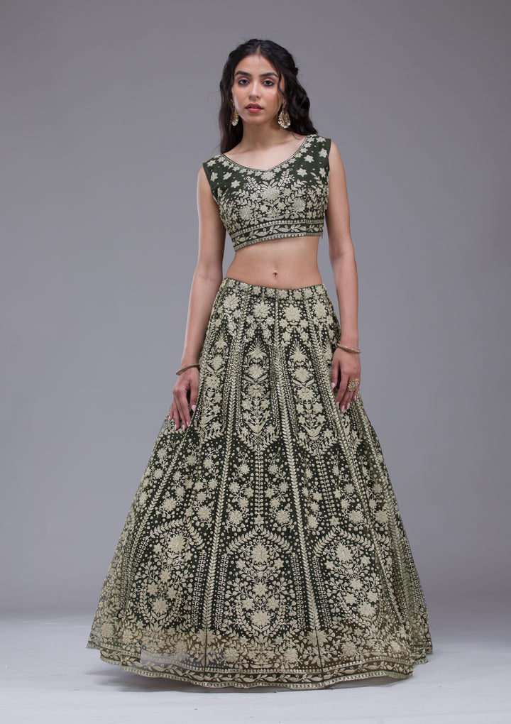 Mehendi Threadwork Net Readymade Lehenga