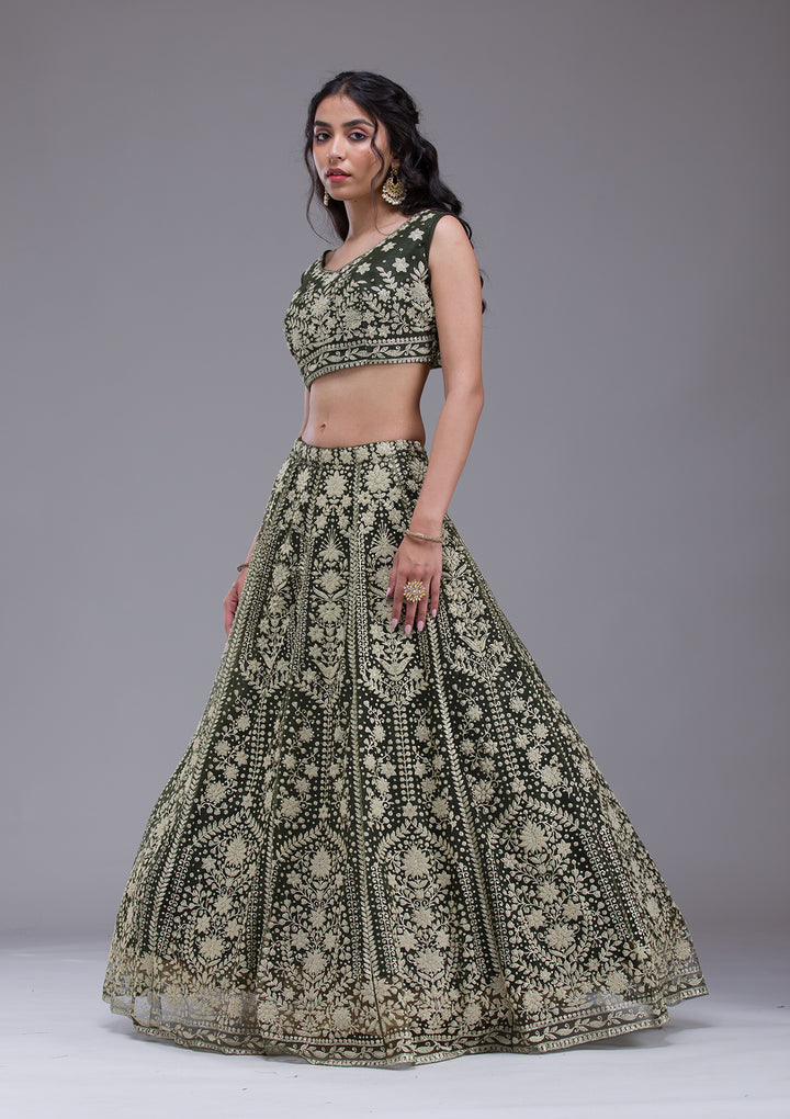Mehendi Threadwork Net Readymade Lehenga