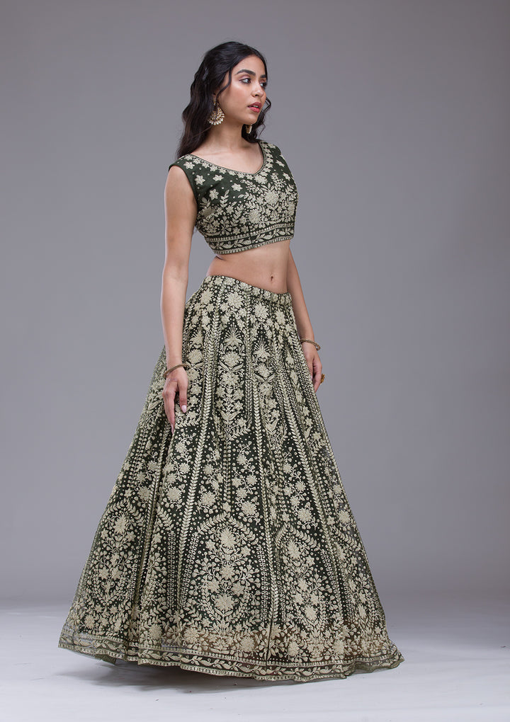 Mehendi Threadwork Net Readymade Lehenga