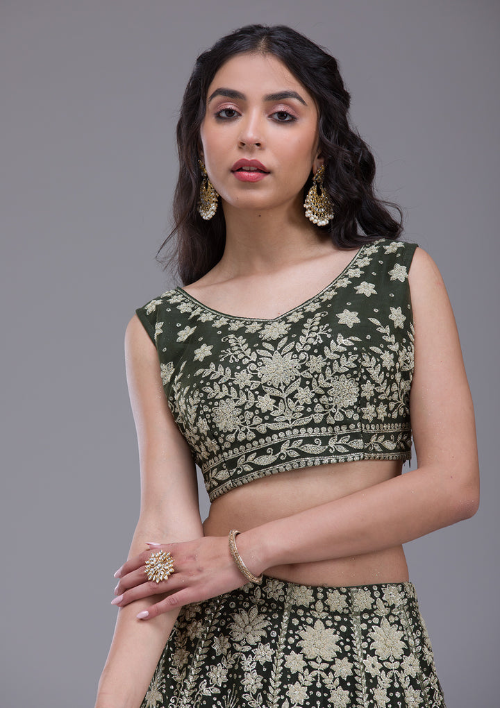 Mehendi Threadwork Net Readymade Lehenga