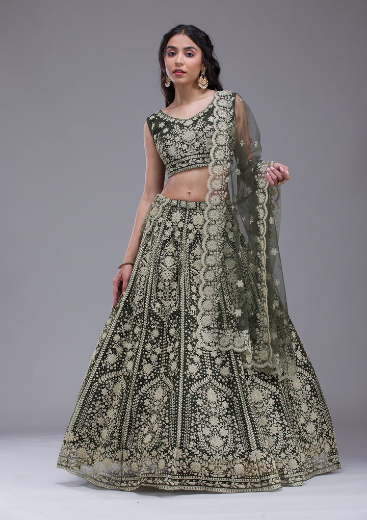 Mehendi Threadwork Net Readymade Lehenga