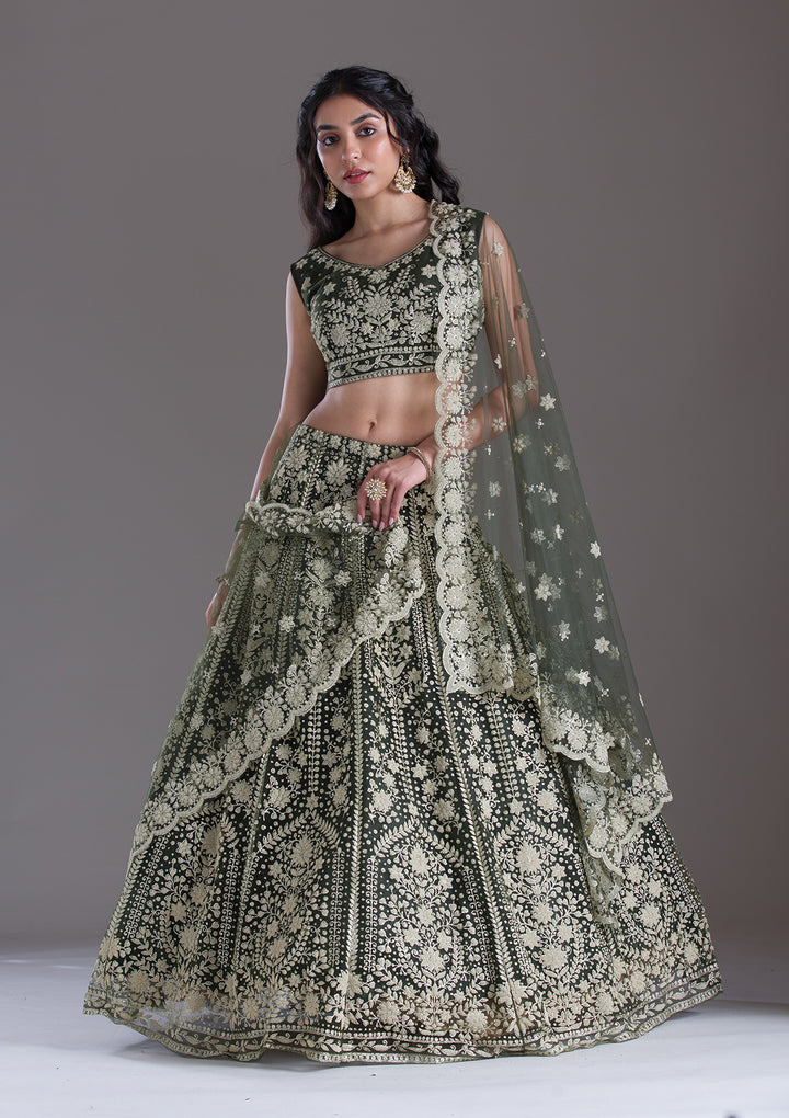 Mehendi Threadwork Net Readymade Lehenga