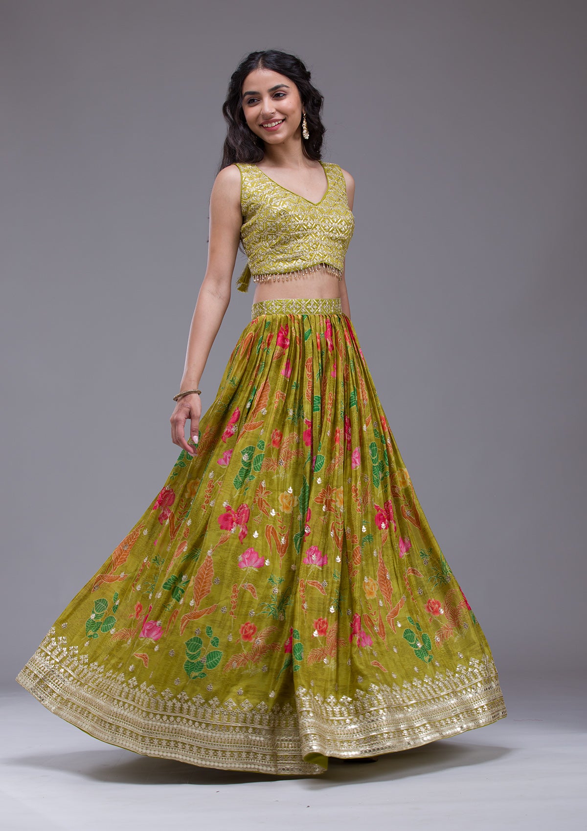 Buy Mehendi Sequins Georgette Readymade Lehenga - Koskii
