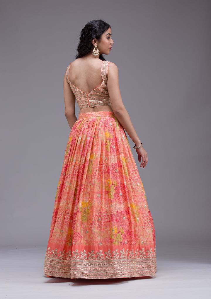 Peach Sequins Georgette Readymade Lehenga