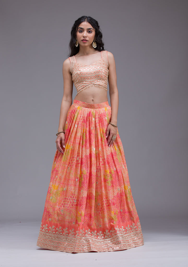 Peach Sequins Georgette Readymade Lehenga