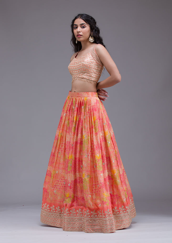 Peach Sequins Georgette Readymade Lehenga