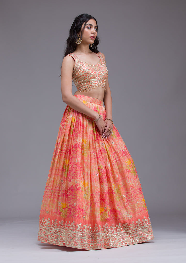 Peach Sequins Georgette Readymade Lehenga