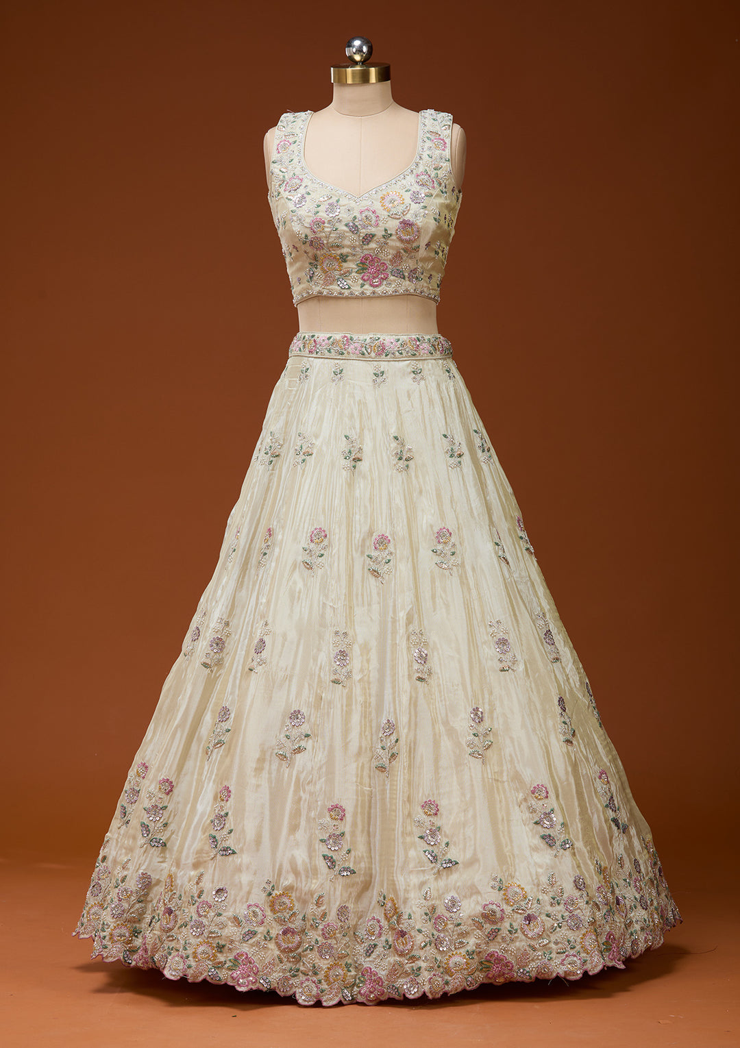 Cream Cording Tissue Readymade Lehenga
