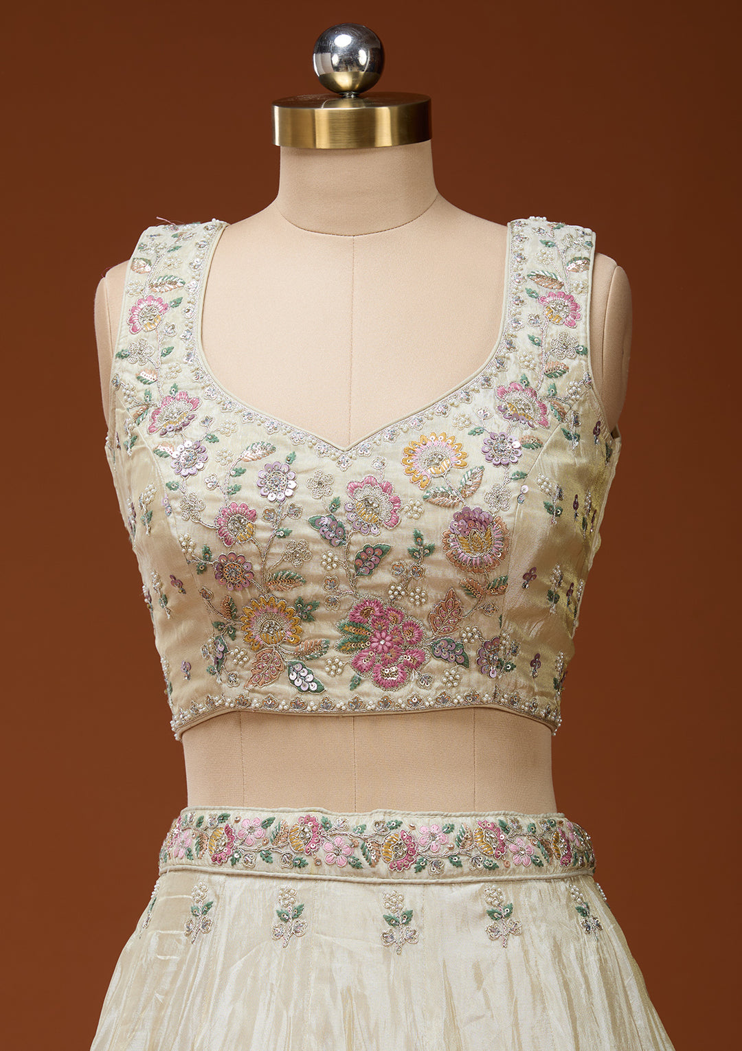 Cream Cording Tissue Readymade Lehenga