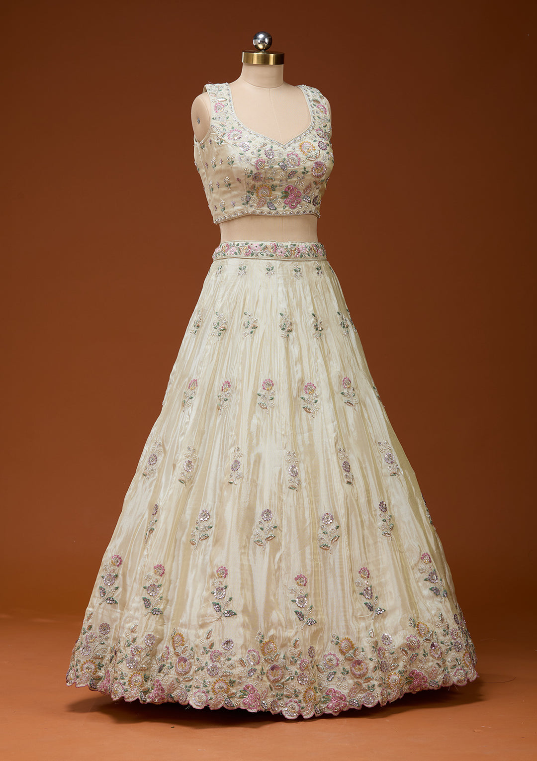 Cream Cording Tissue Readymade Lehenga