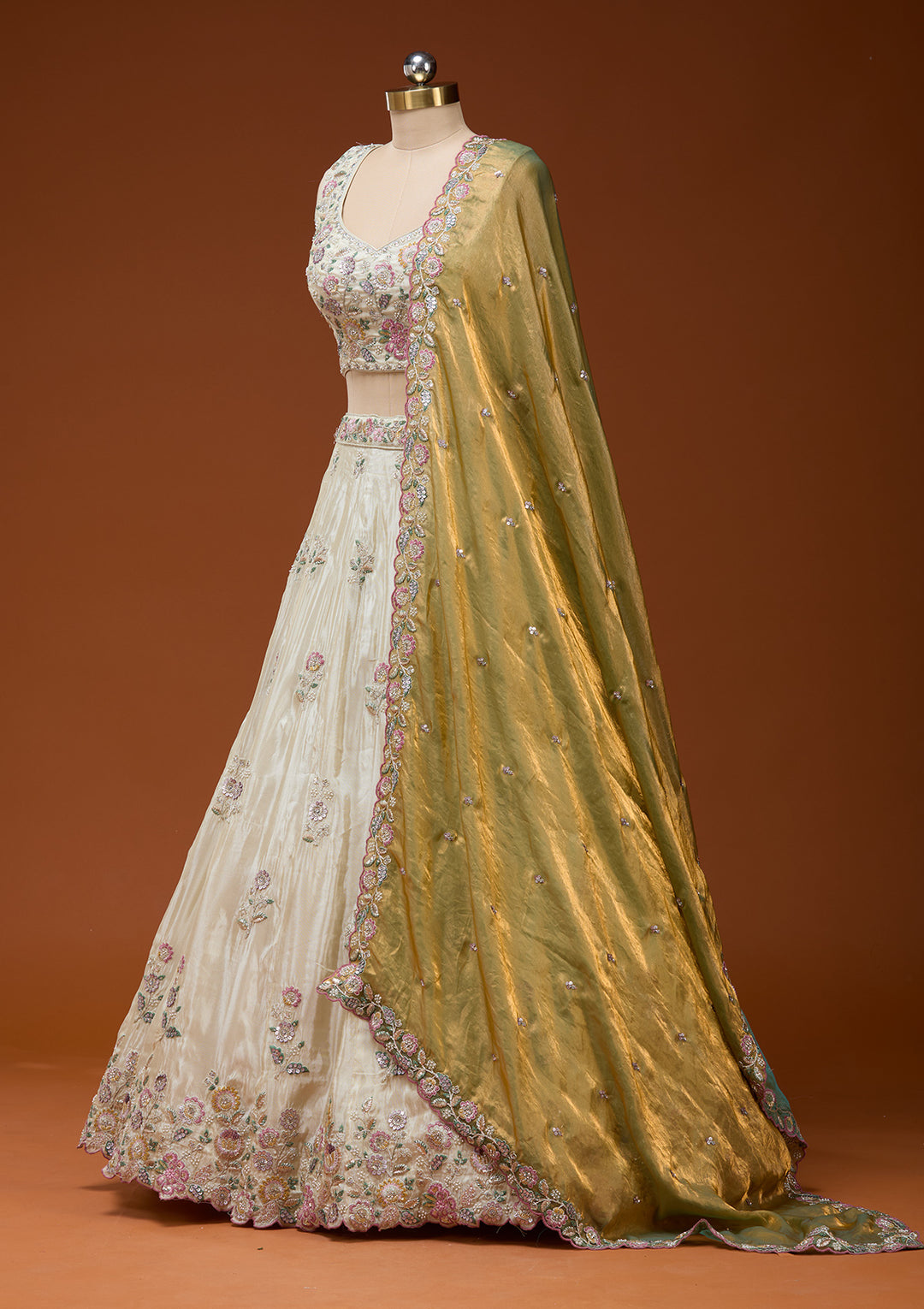 Cream Cording Tissue Readymade Lehenga