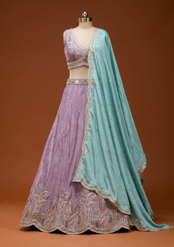 Lavender Threadwork Semi Crepe Readymade Lehenga