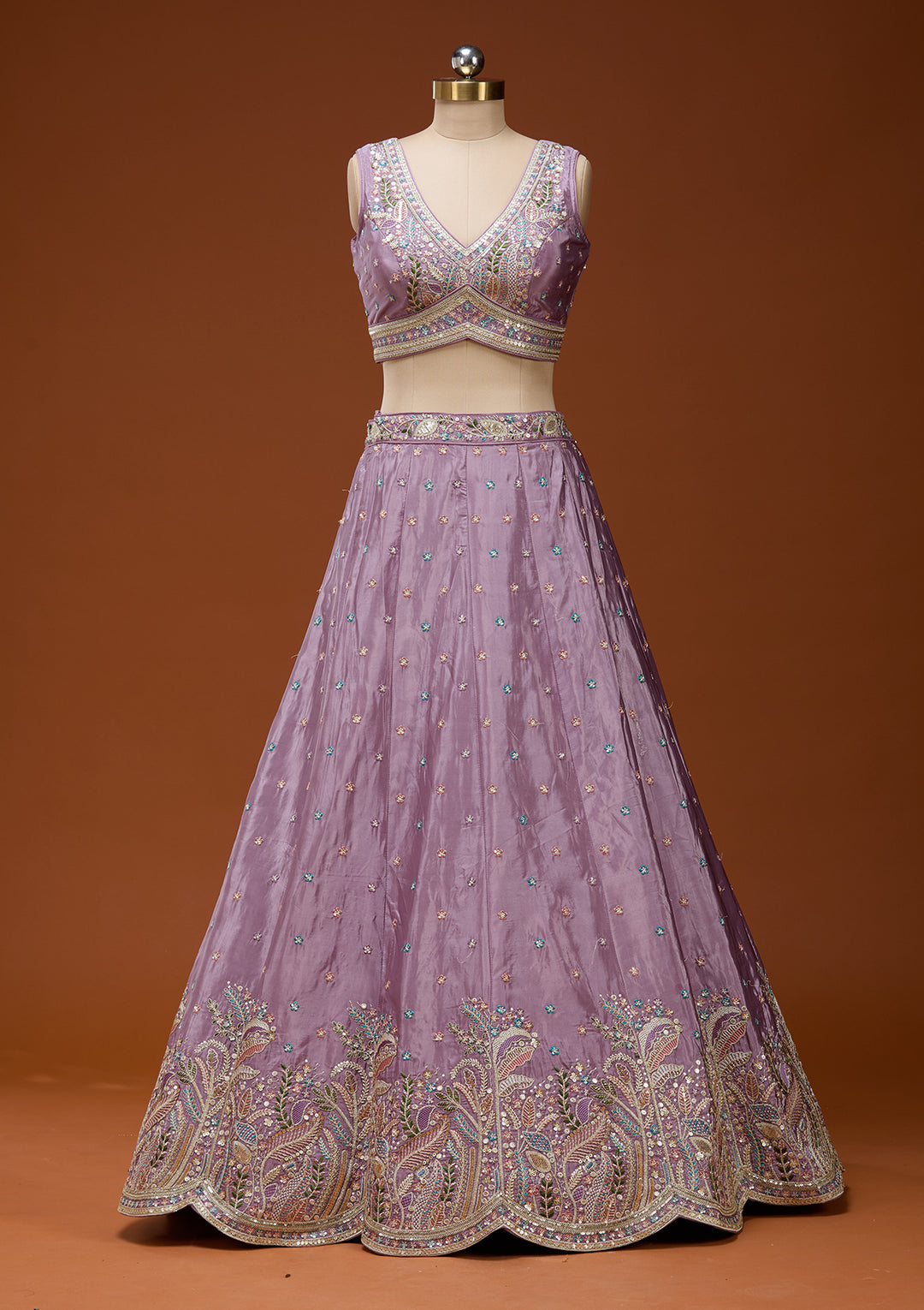 Lavender Threadwork Semi Crepe Readymade Lehenga