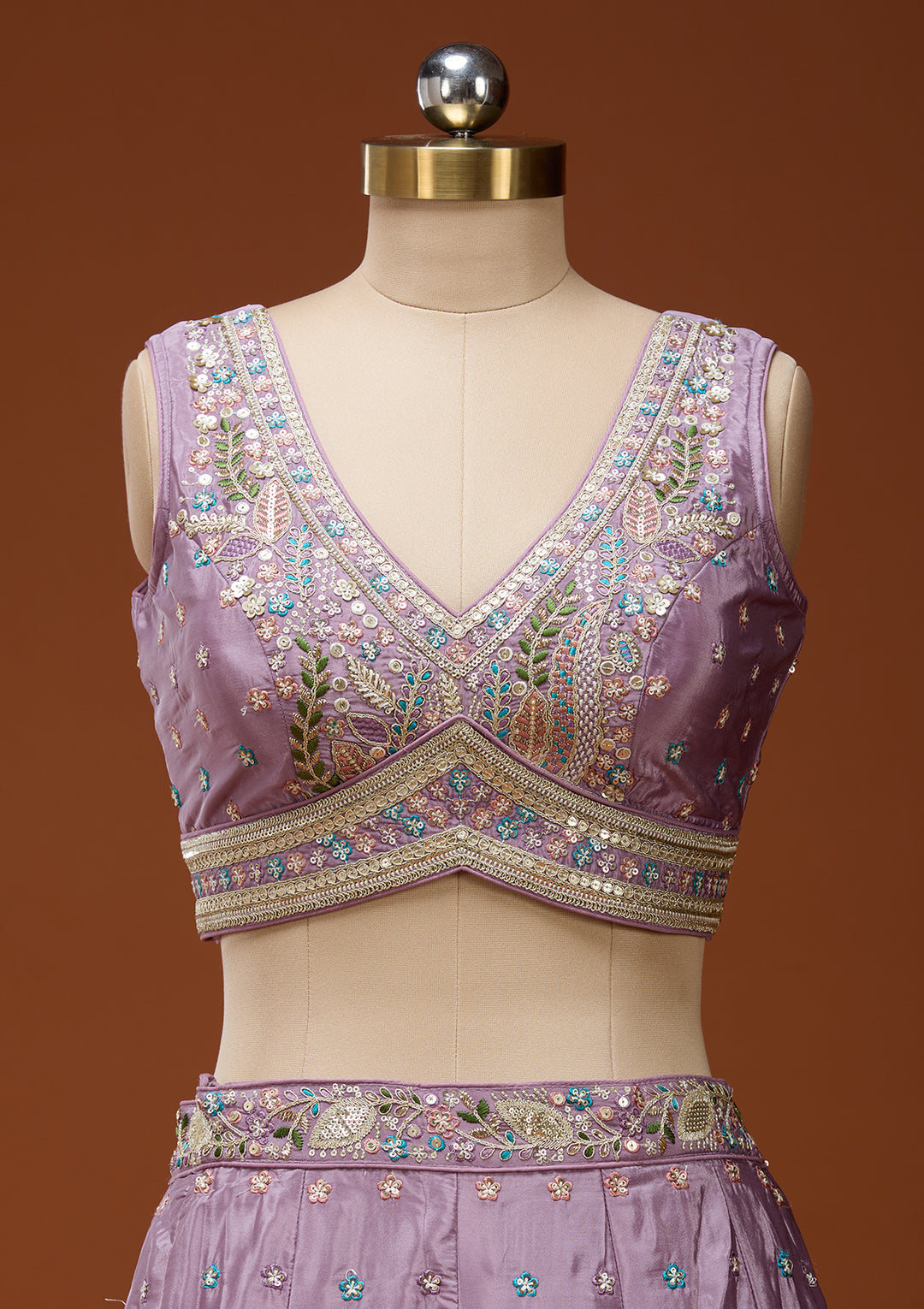 Lavender Threadwork Semi Crepe Readymade Lehenga