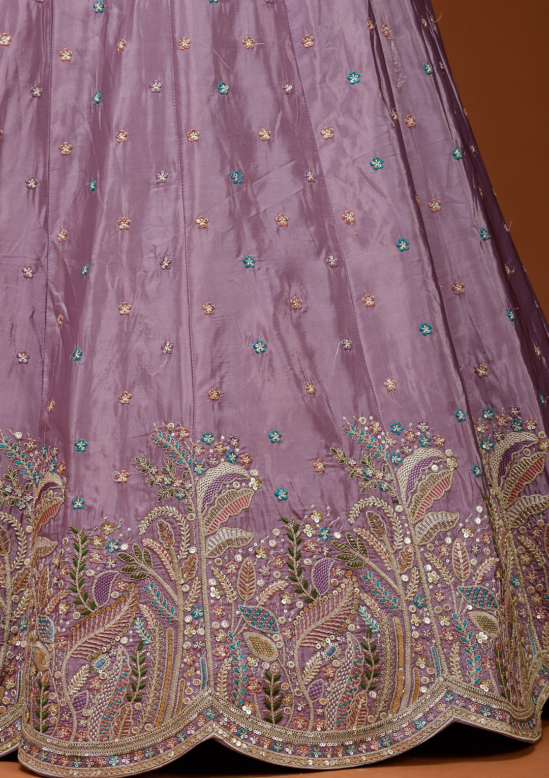 Lavender Threadwork Semi Crepe Readymade Lehenga