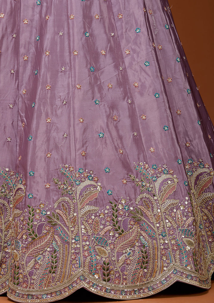 Lavender Threadwork Semi Crepe Readymade Lehenga