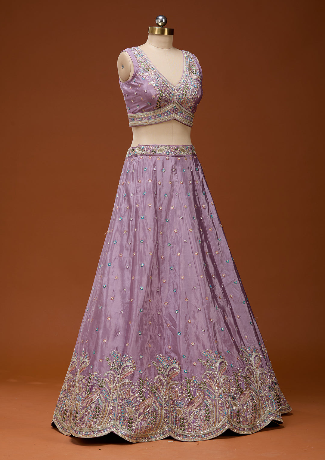 Lavender Threadwork Semi Crepe Readymade Lehenga