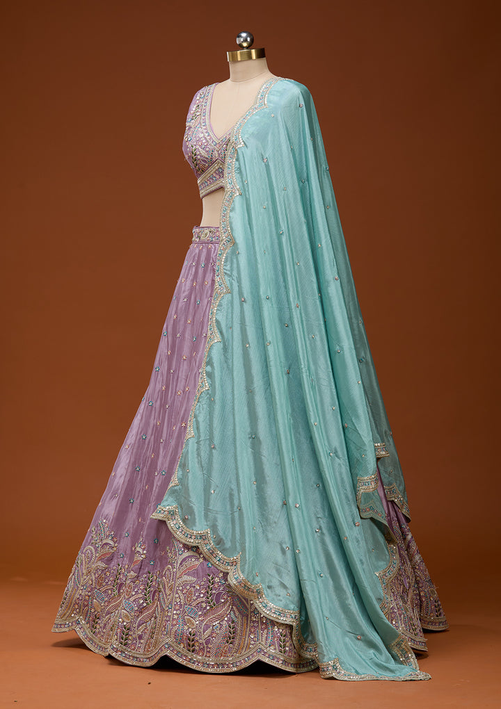 Lavender Threadwork Semi Crepe Readymade Lehenga