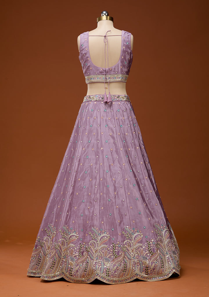 Lavender Threadwork Semi Crepe Readymade Lehenga