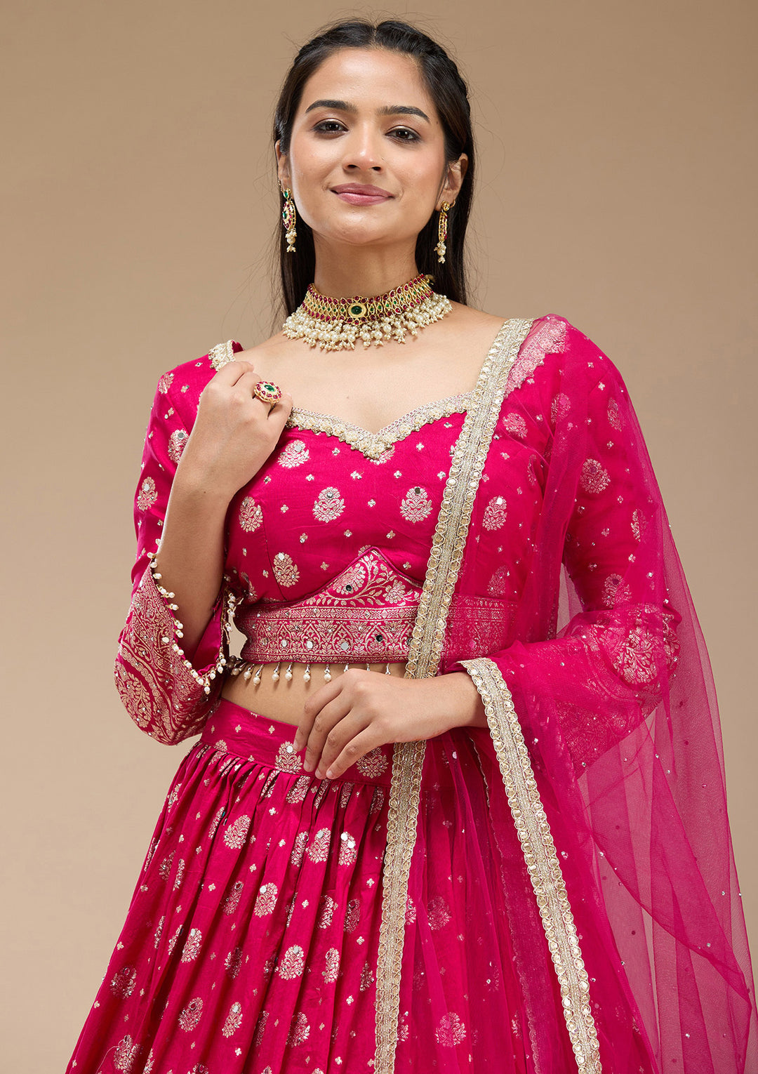 Magenta Pink Mirrorwork Soft Raw Silk Readymade Lehenga