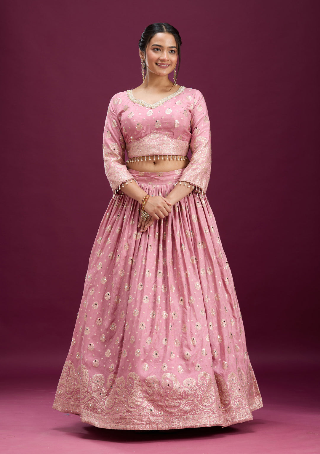 Pink Mirrorwork Soft Raw Silk Readymade Lehenga