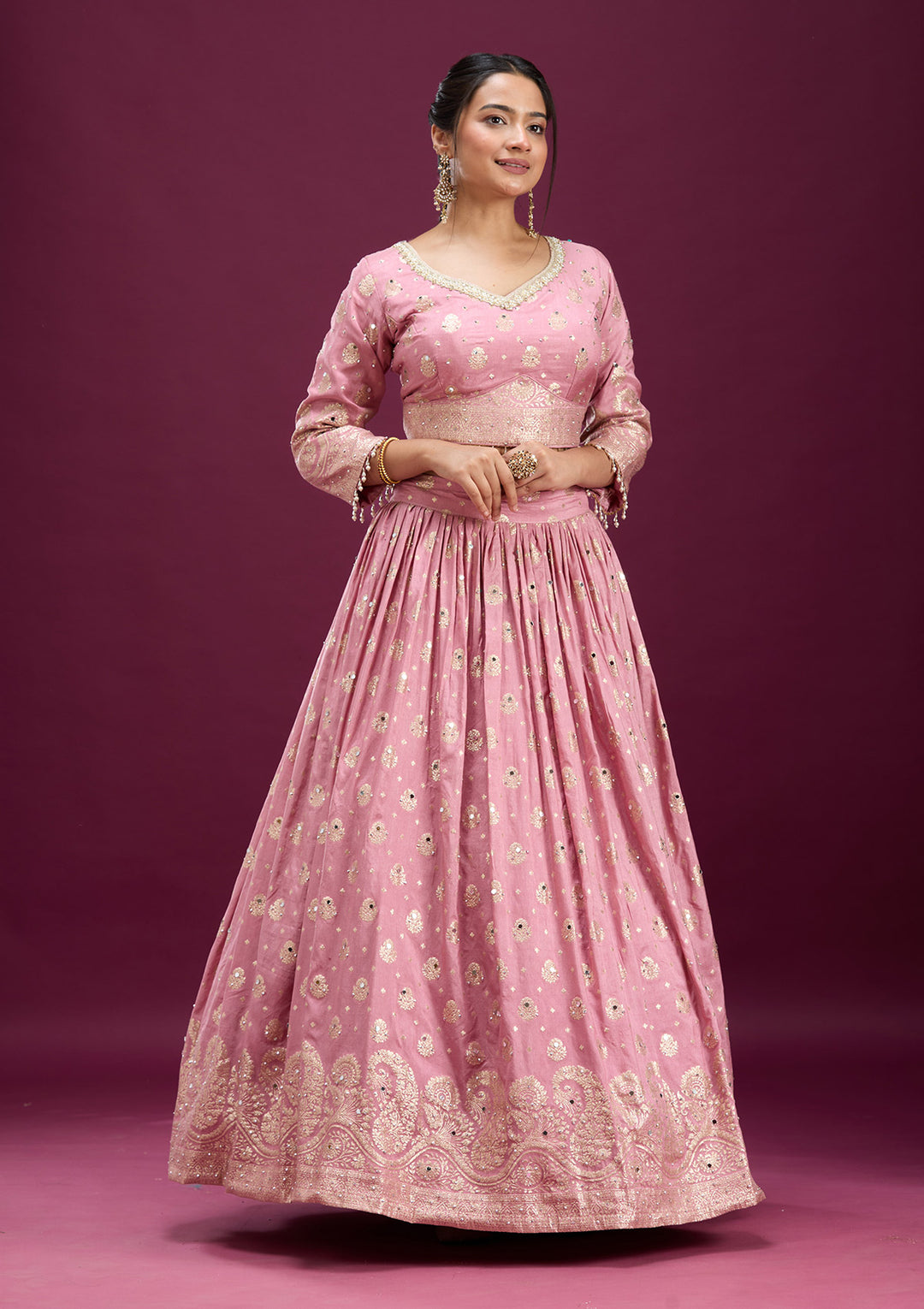 Pink Mirrorwork Soft Raw Silk Readymade Lehenga