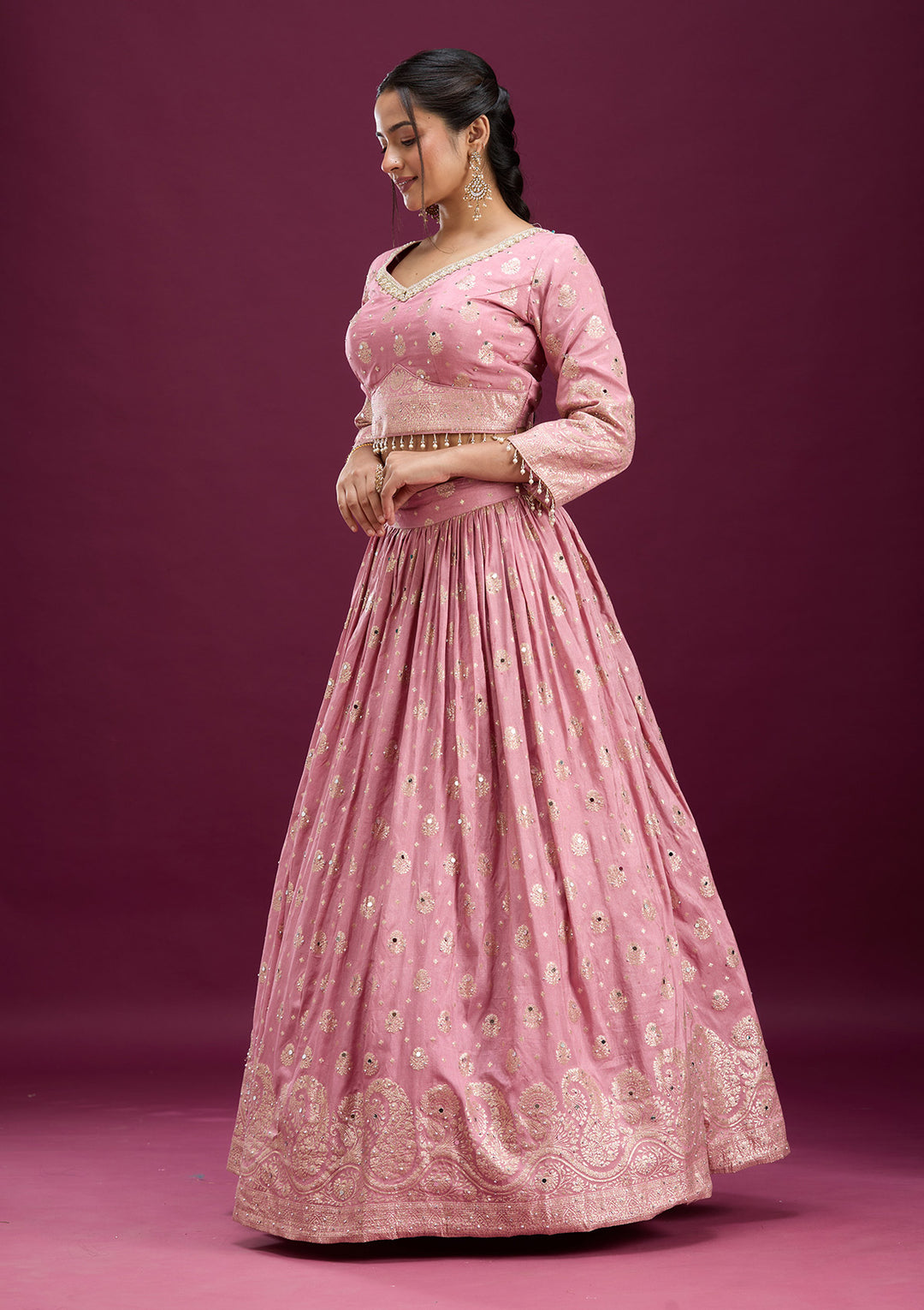 Pink Mirrorwork Soft Raw Silk Readymade Lehenga