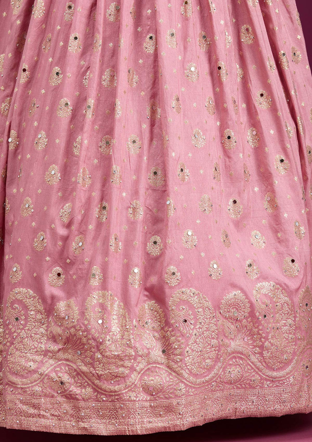 Pink Mirrorwork Soft Raw Silk Readymade Lehenga