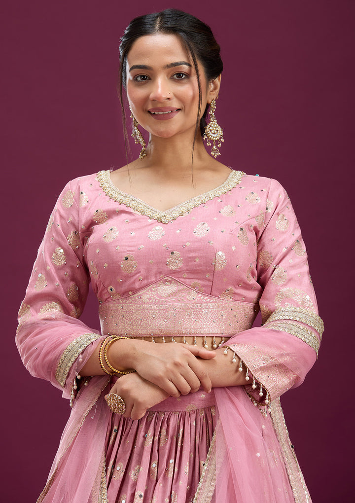 Pink Mirrorwork Soft Raw Silk Readymade Lehenga