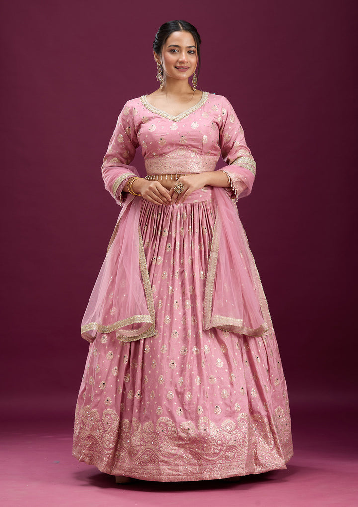 Pink Mirrorwork Soft Raw Silk Readymade Lehenga