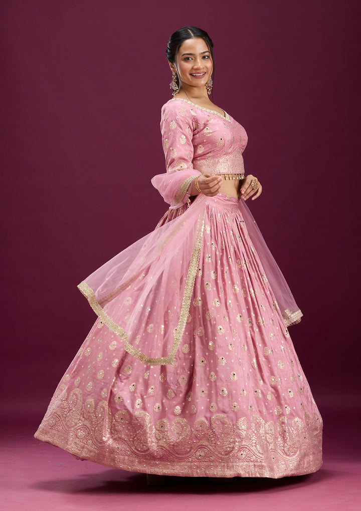 Pink Mirrorwork Soft Raw Silk Readymade Lehenga